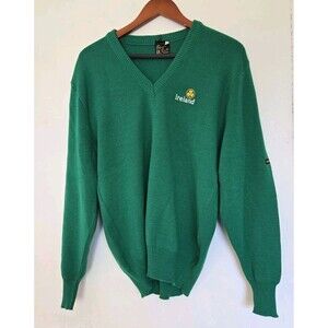 Vintage Ireland Sweater Mens L V Neck Green Blarney Castle Knitwear